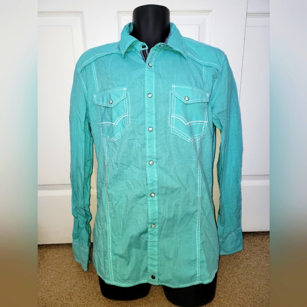 Buckle BLACK Shirt Pearl Snap Rockabilly Men L Aqua Tailored Fit